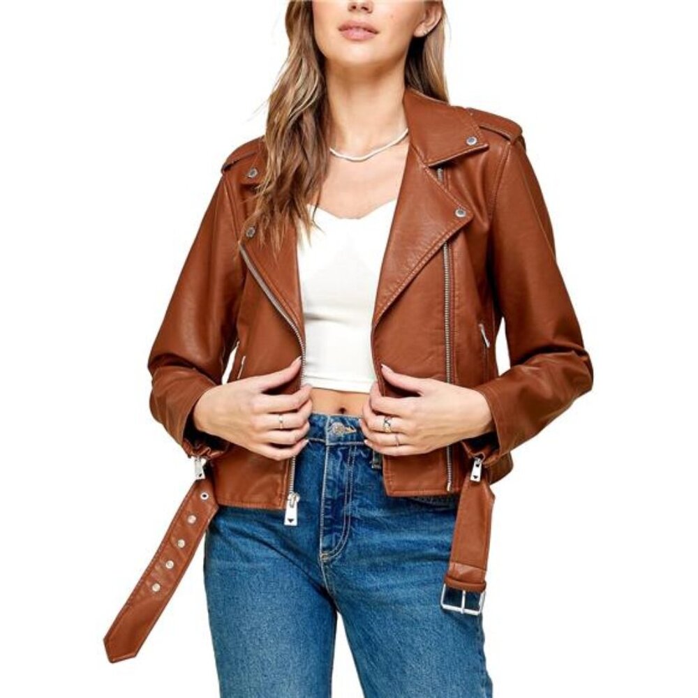 Slim Fit Stylish Vegan Leather Moto Jacket Orange - Picture 1 of 5